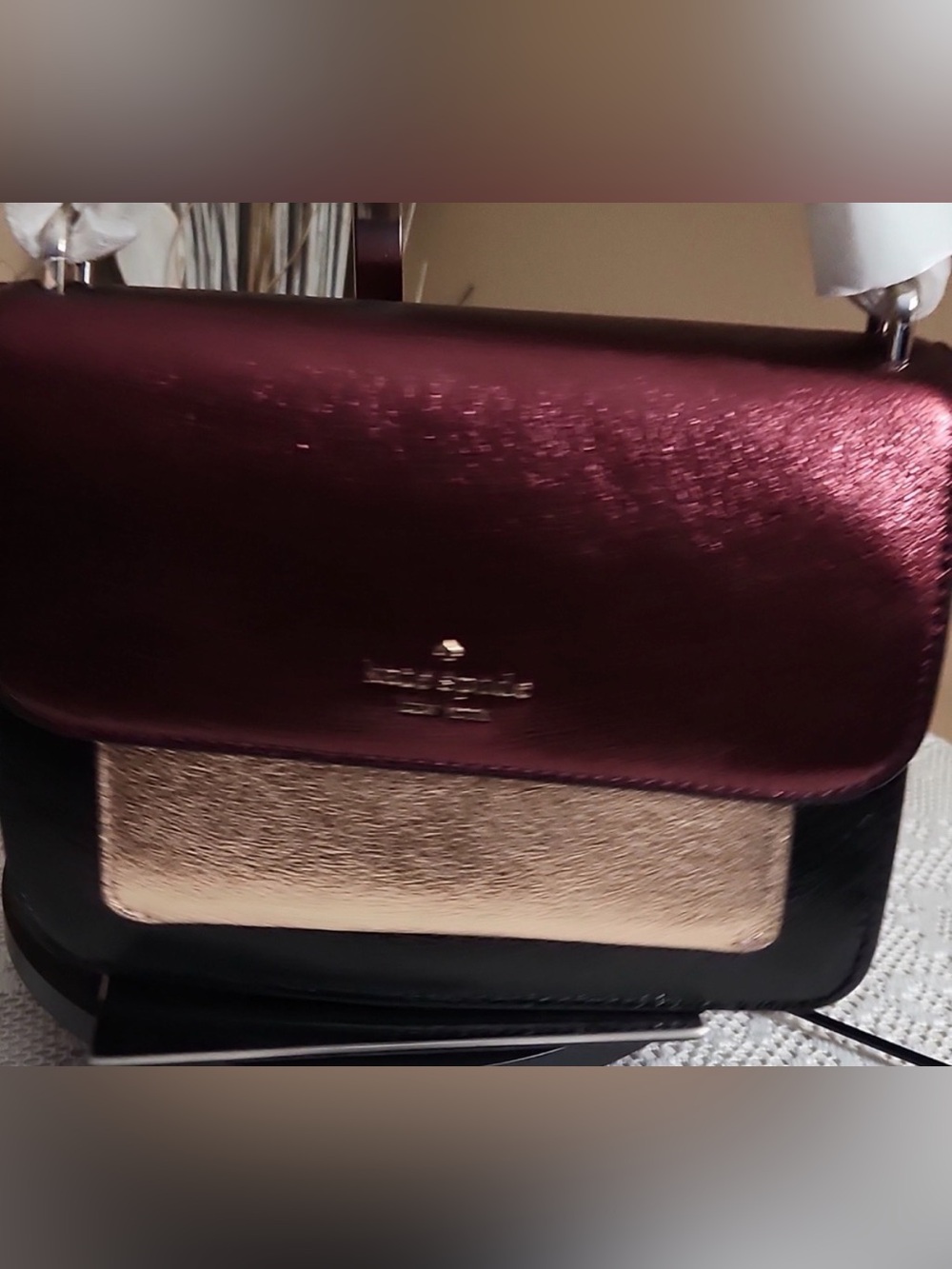 Kate Spade black, Burgundy and Gold Crossbody Bag. Metallic. NEW